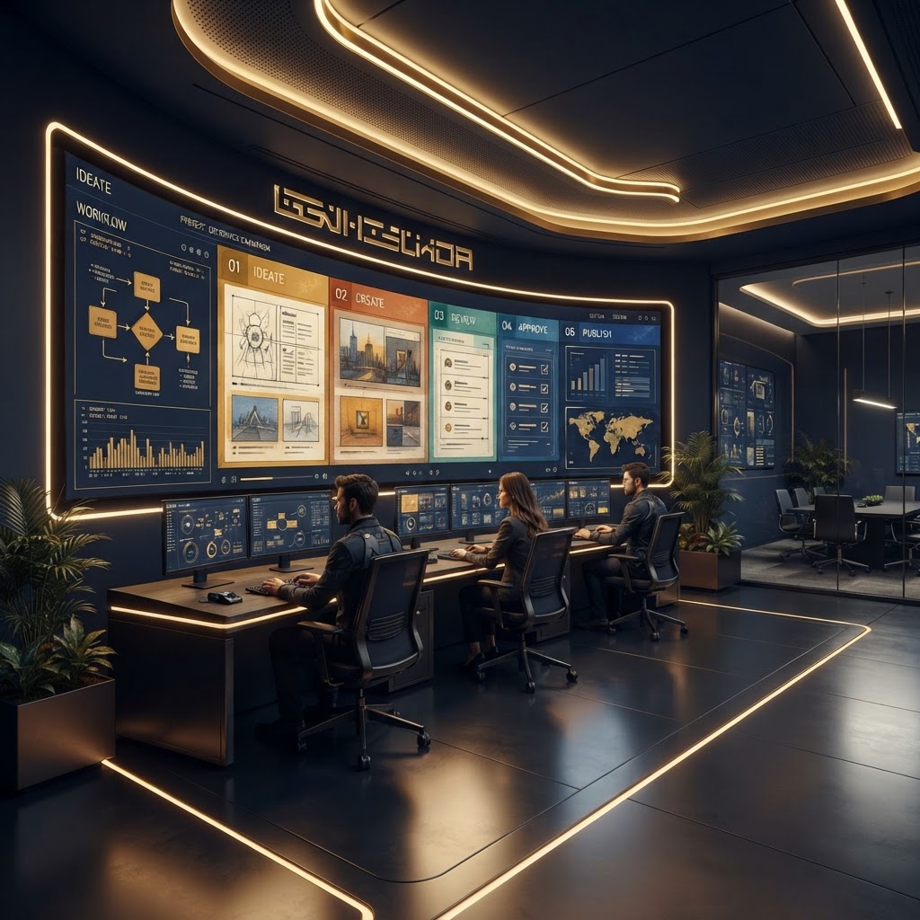 Governed AI-assisted content workflow dashboard concept for a media production client