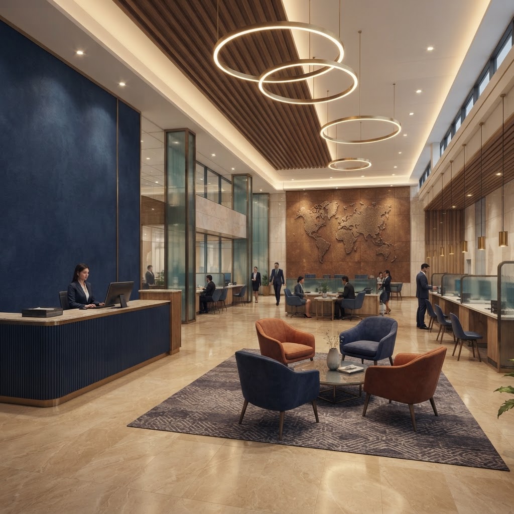 Flagship customer hall interior with integrated brand graphics for a financial services client
