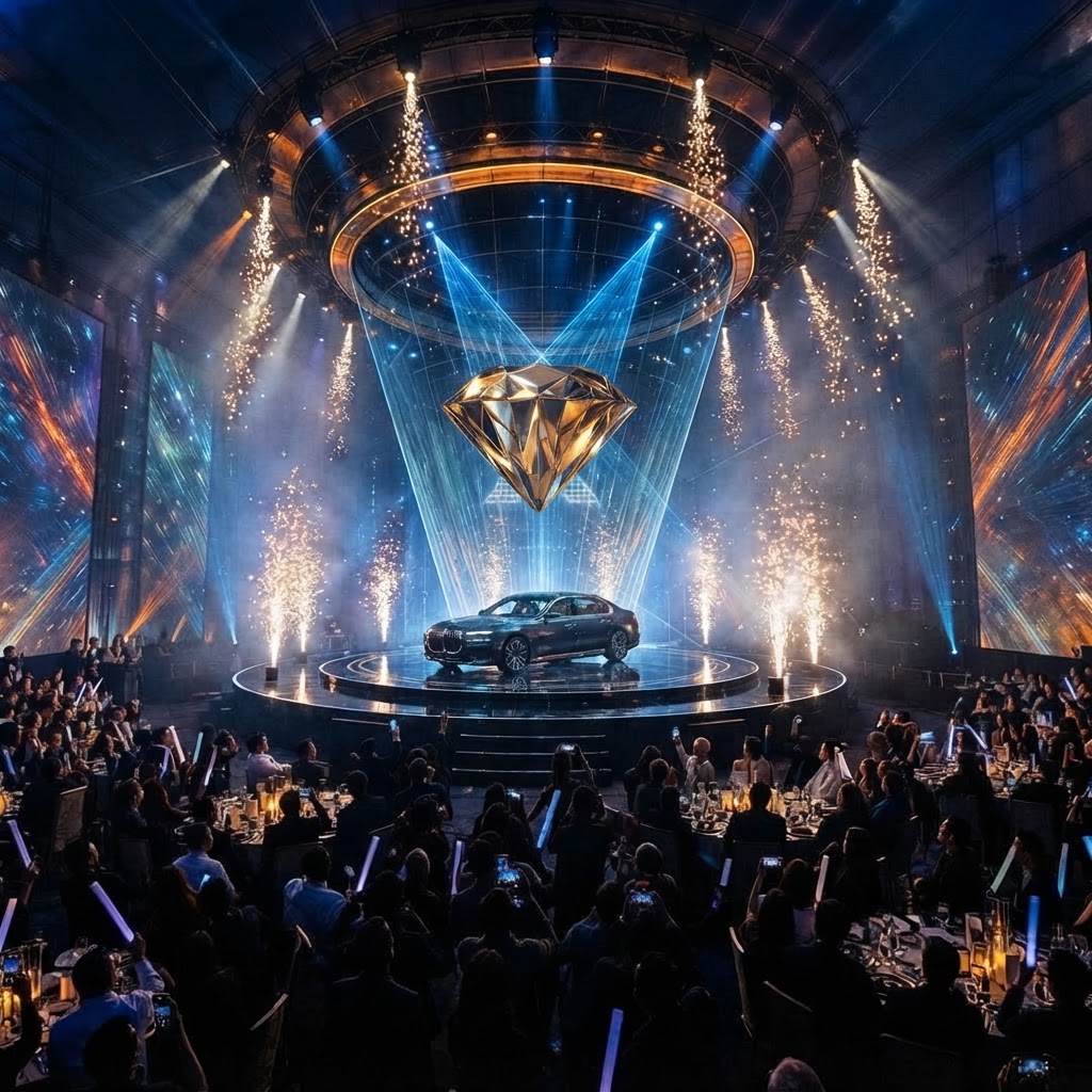 Holographic product reveal moment at a flagship product launch