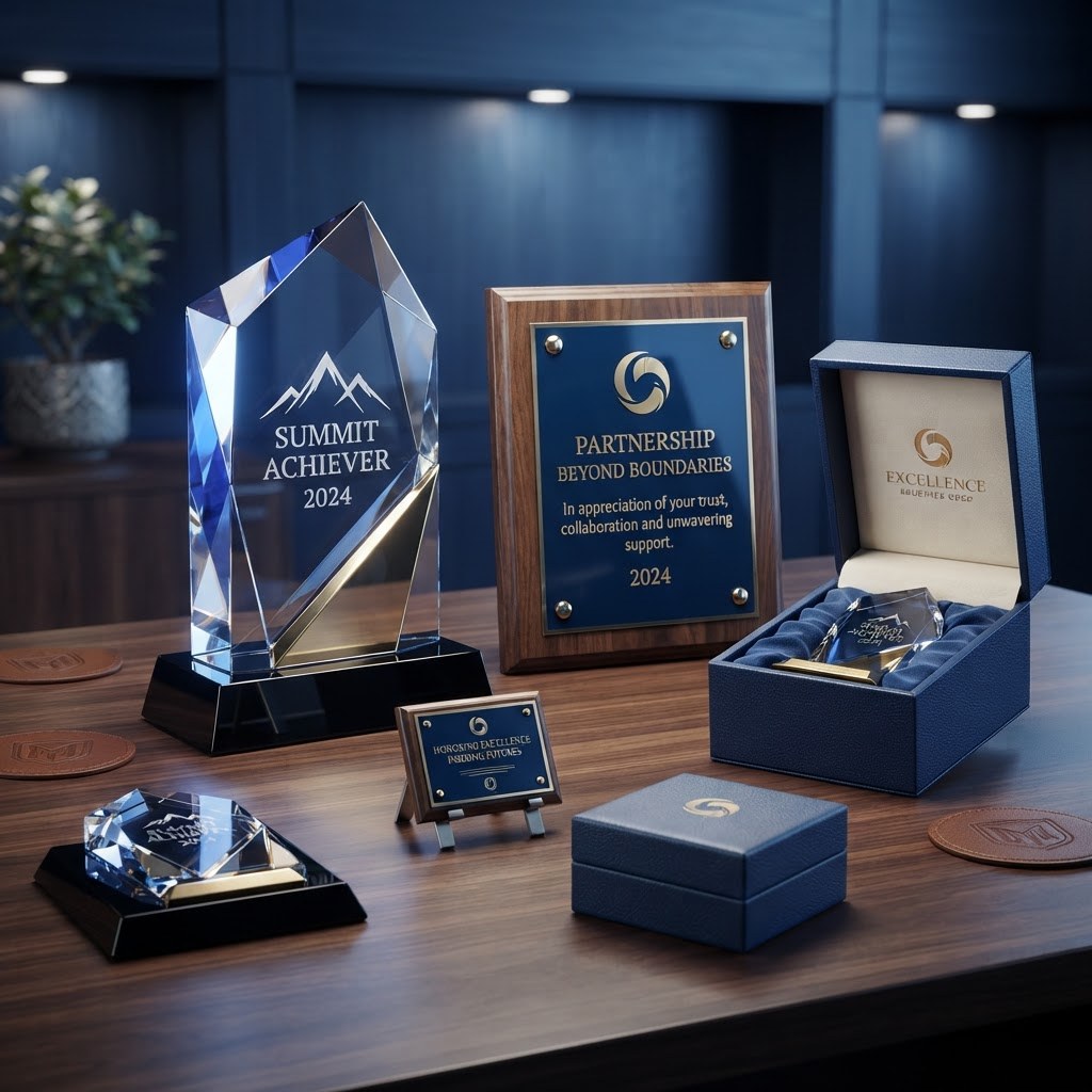 Corporate memento and gift design board with trophies, plaques and luxury gift boxes by PEAK